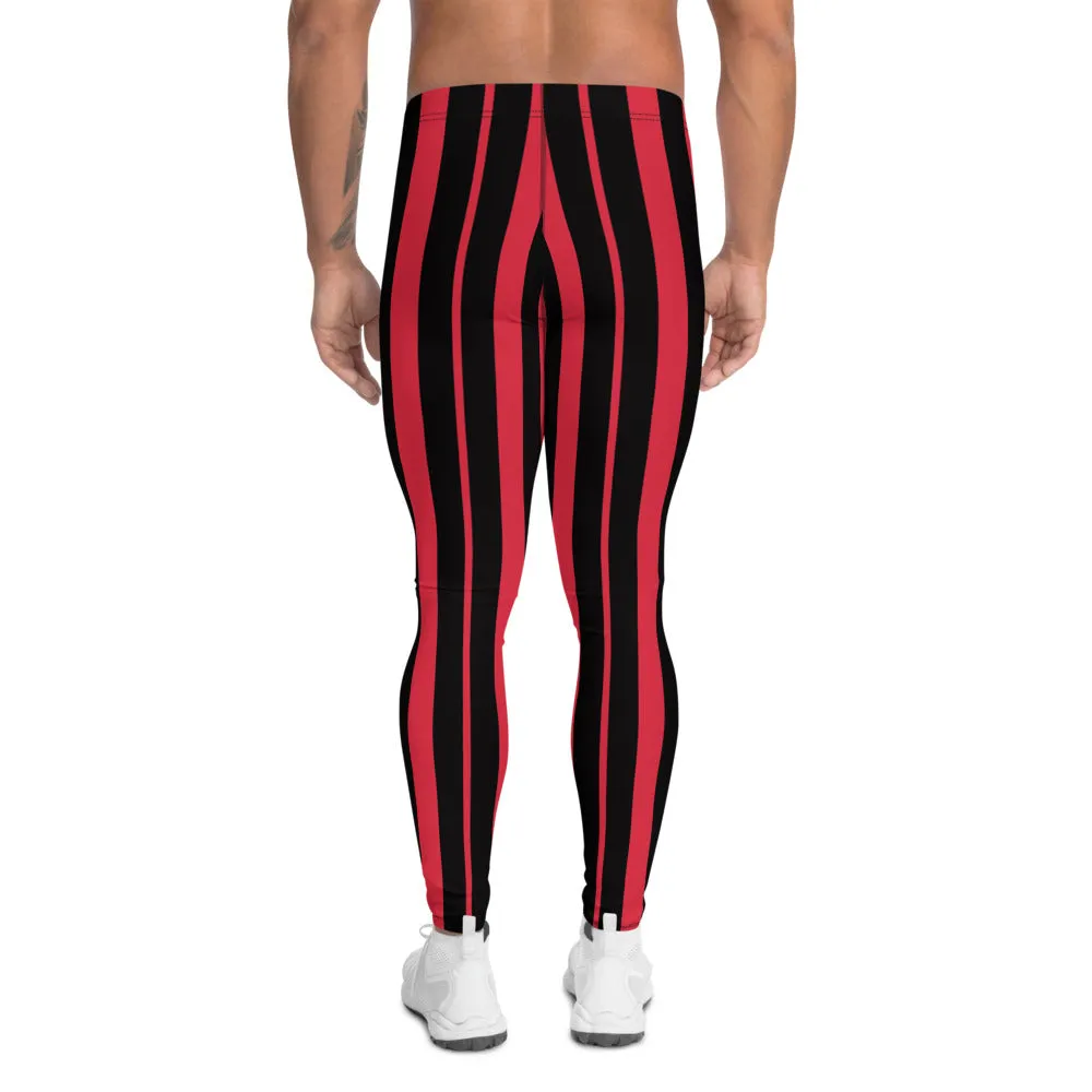 Red Black Striped Men's Leggings, Red and Black Vertical Striped Circus Fashion Men Tights-Made in USA/EU