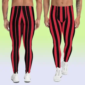 Red Black Striped Men's Leggings, Red and Black Vertical Striped Circus Fashion Men Tights-Made in USA/EU