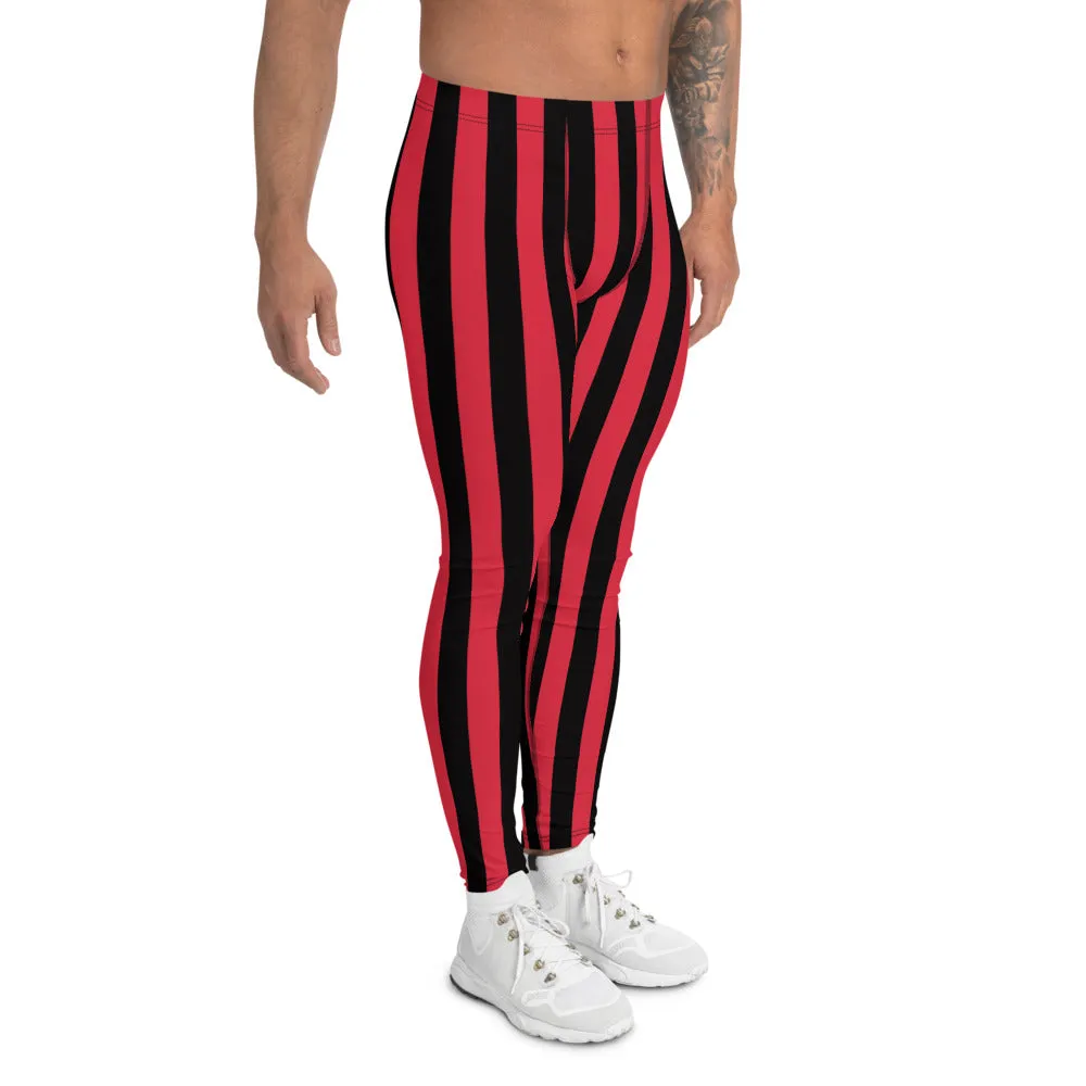 Red Black Striped Men's Leggings, Red and Black Vertical Striped Circus Fashion Men Tights-Made in USA/EU