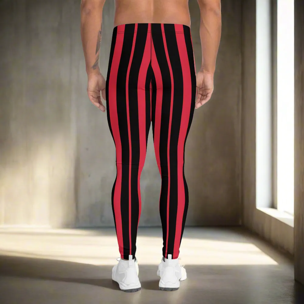 Red Black Striped Men's Leggings, Red and Black Vertical Striped Circus Fashion Men Tights-Made in USA/EU