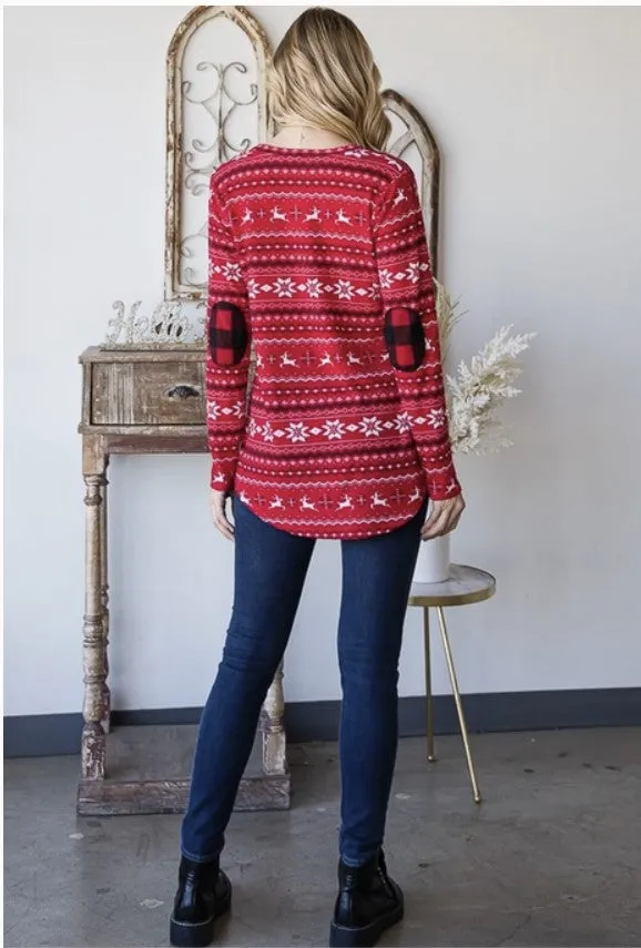 Red Christmas Print Top w/Red Plaid Elbow Patches - #8284-8289