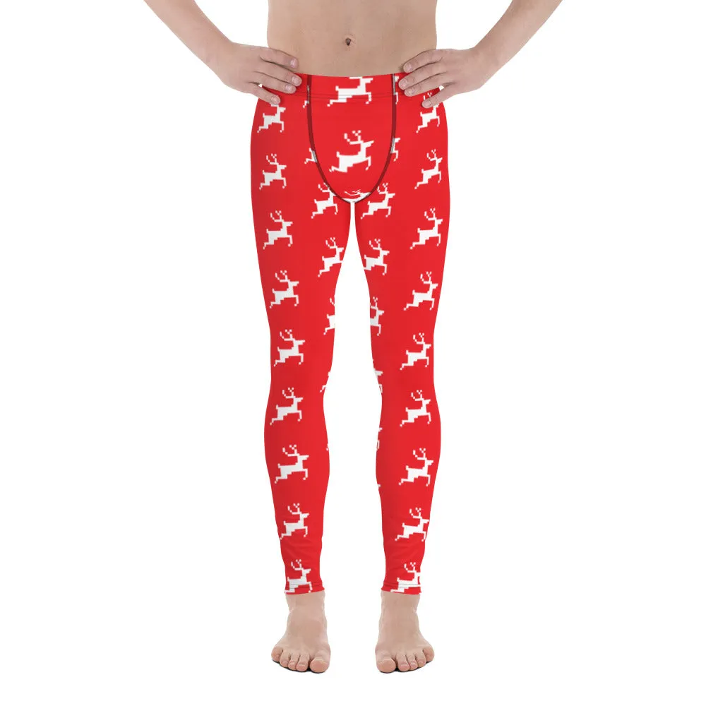 Red Reindeer Christmas Men's Leggings, Red & White Xmas Designer Men's Leggings-Made in USA/MX/EU