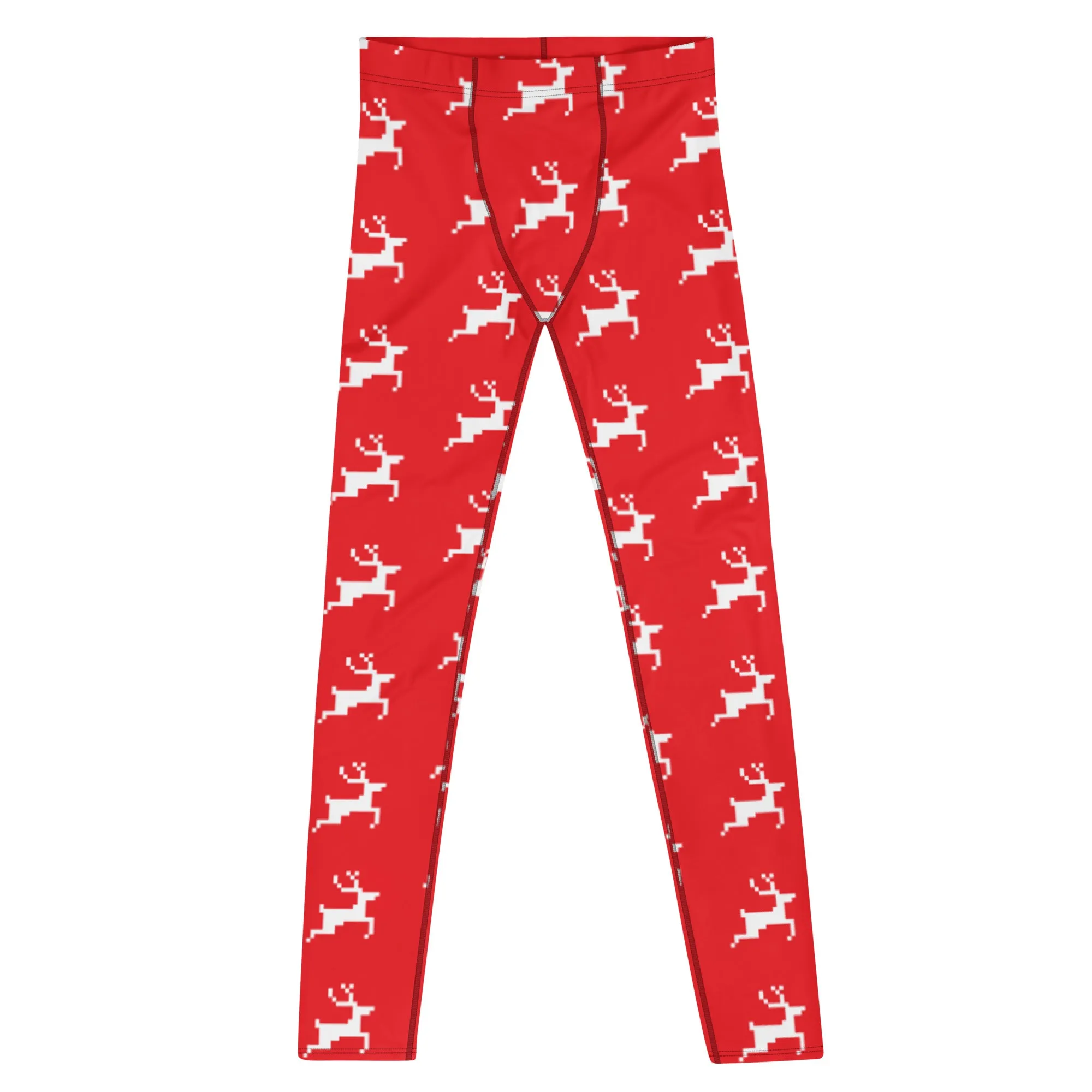 Red Reindeer Christmas Men's Leggings, Red & White Xmas Designer Men's Leggings-Made in USA/MX/EU