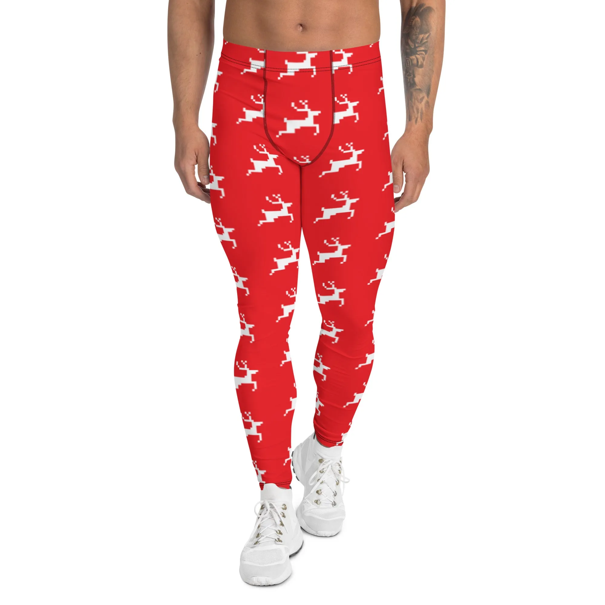 Red Reindeer Christmas Men's Leggings, Red & White Xmas Designer Men's Leggings-Made in USA/MX/EU