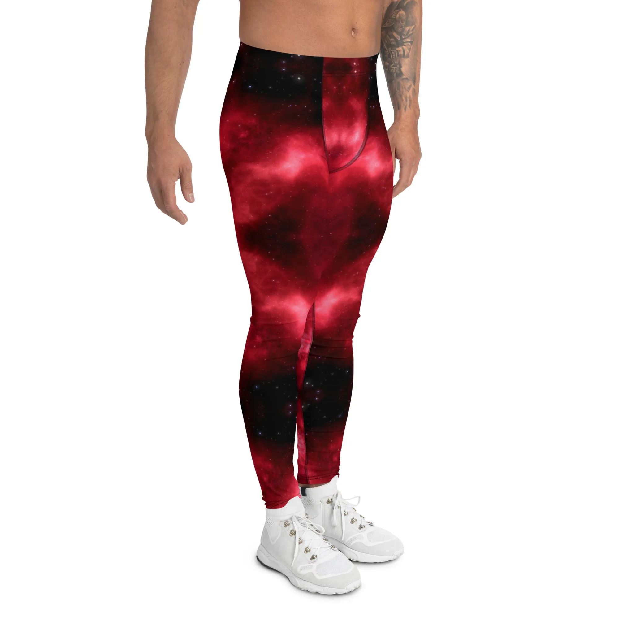 Red Thunder Lightning Men's Leggings, Mens Lightning Storm Pants, Thunder Lightning Leggings For Men-Made in USA/EU/MX