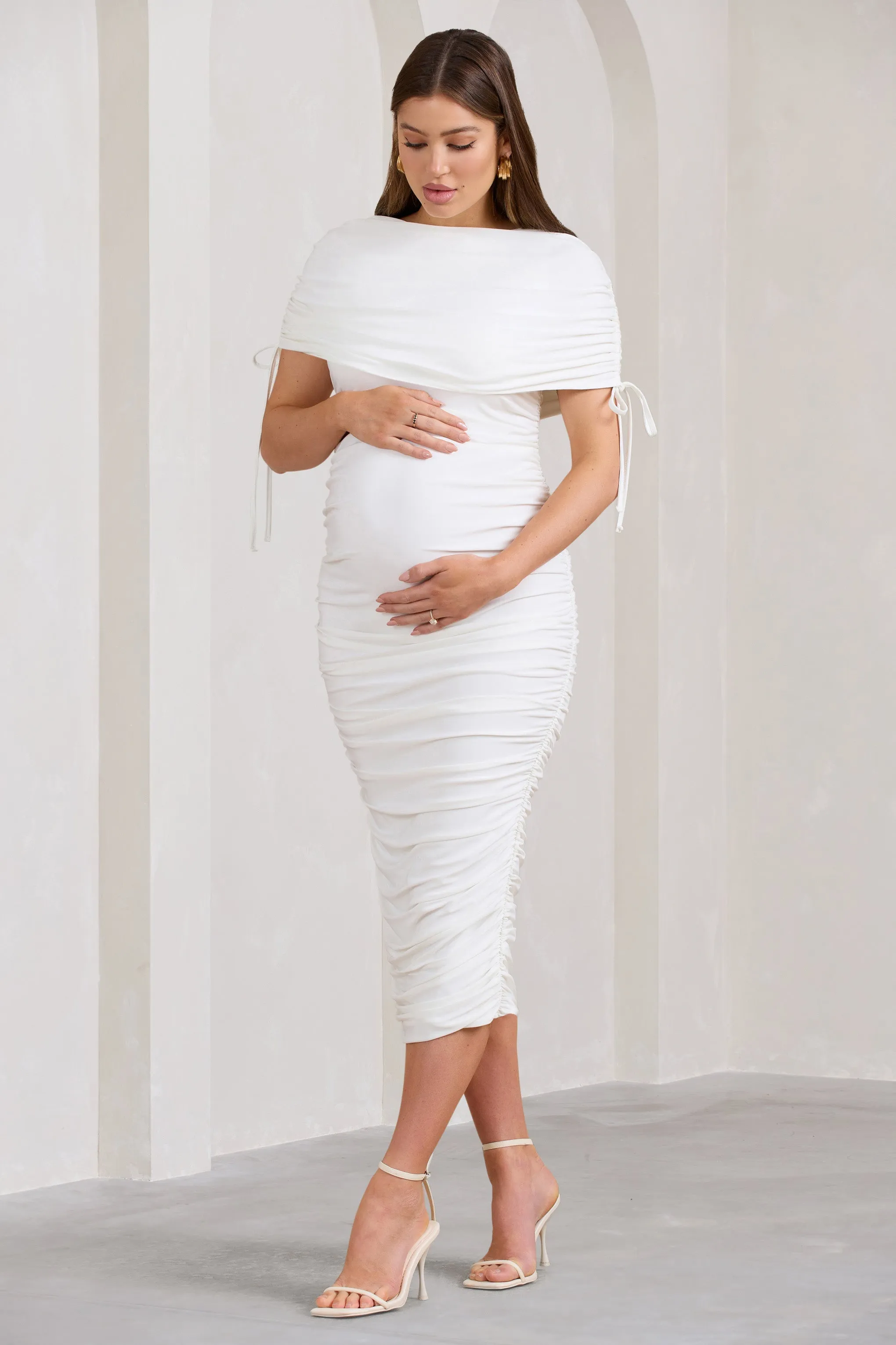 Roxanne | White Ruched Bardot Maternity Midi Dress