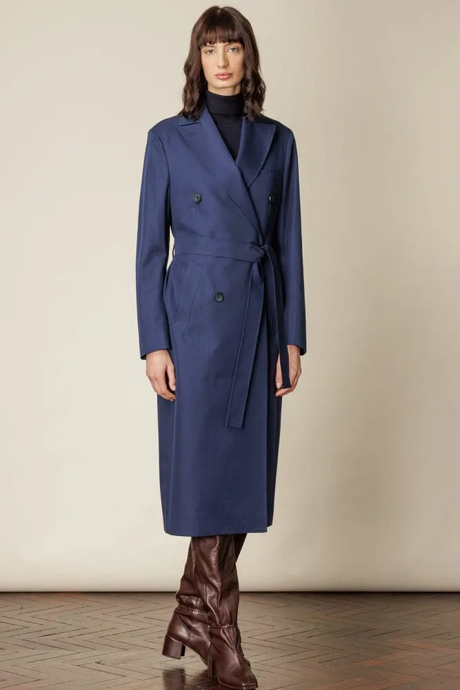 (RTW) Long Double Breasted Trench Coat with Belt - Blue Cotton Gabardine