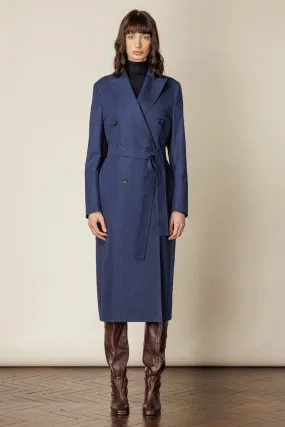 (RTW) Long Double Breasted Trench Coat with Belt - Blue Cotton Gabardine