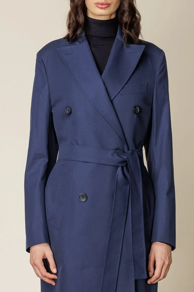 (RTW) Long Double Breasted Trench Coat with Belt - Blue Cotton Gabardine