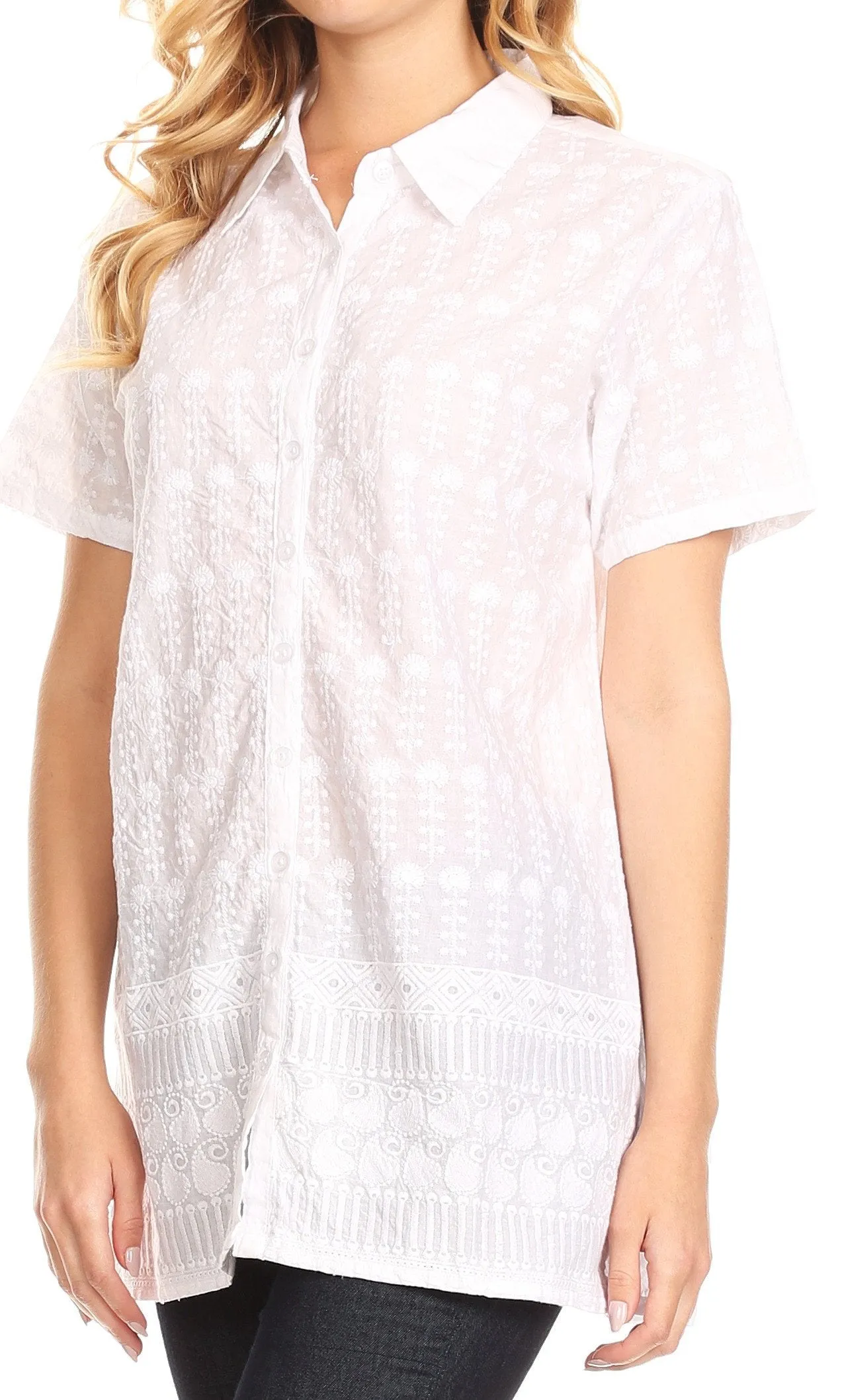 Sakkas Lavina Short Sleeve Floral Embroidered Woven Shirt