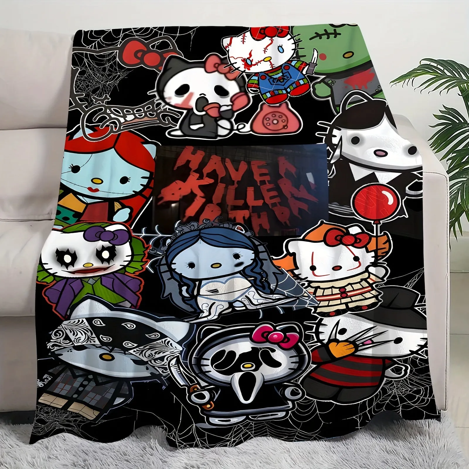 Sanrio Anime-Themed Reversible Halloween Throw Blanket – Hypoallergenic Knitted Polyester, Hand Wash, Contemporary Multipurpose All-Season Throws, Ideal for Sofa and Living Room Decor – Officially Licensed