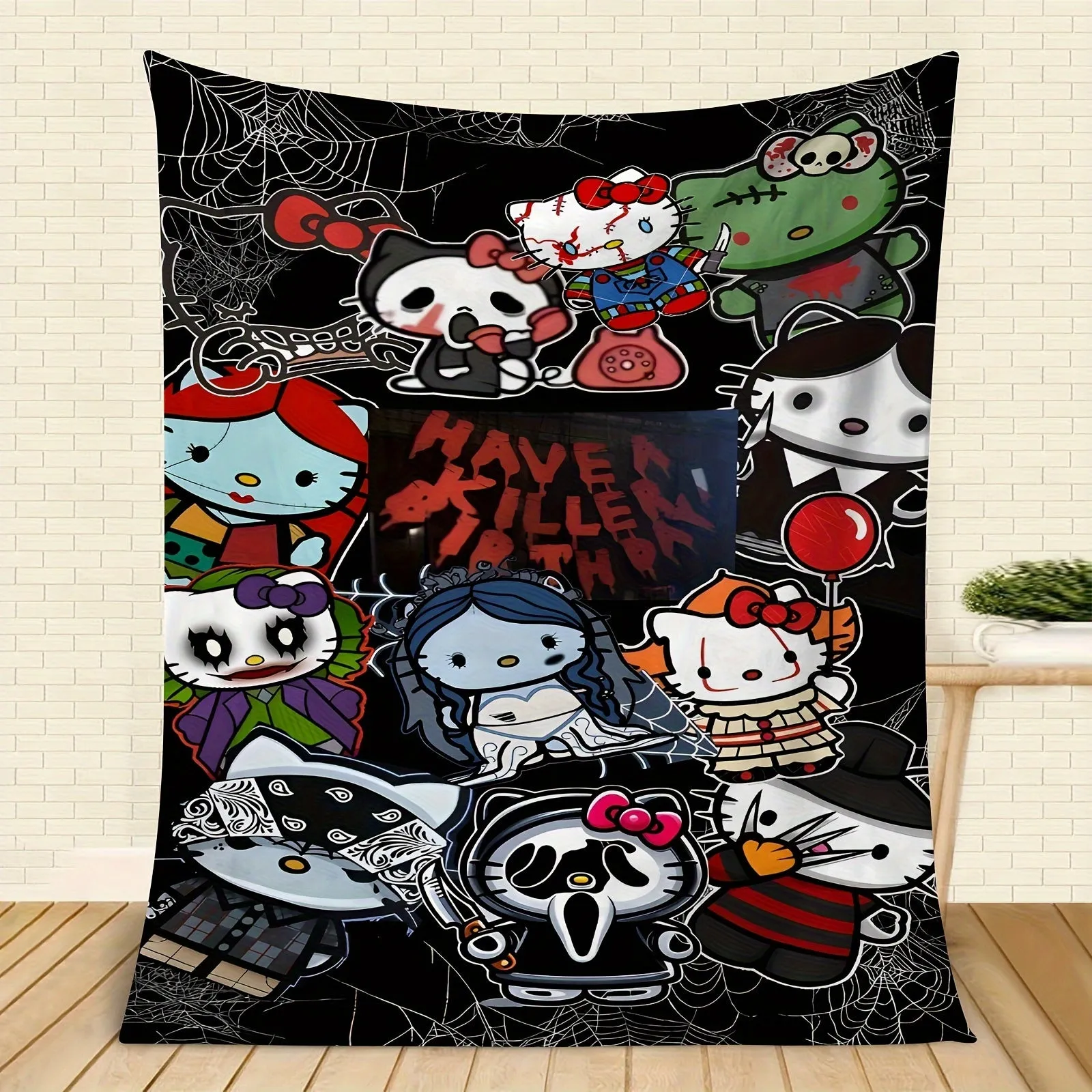 Sanrio Anime-Themed Reversible Halloween Throw Blanket – Hypoallergenic Knitted Polyester, Hand Wash, Contemporary Multipurpose All-Season Throws, Ideal for Sofa and Living Room Decor – Officially Licensed