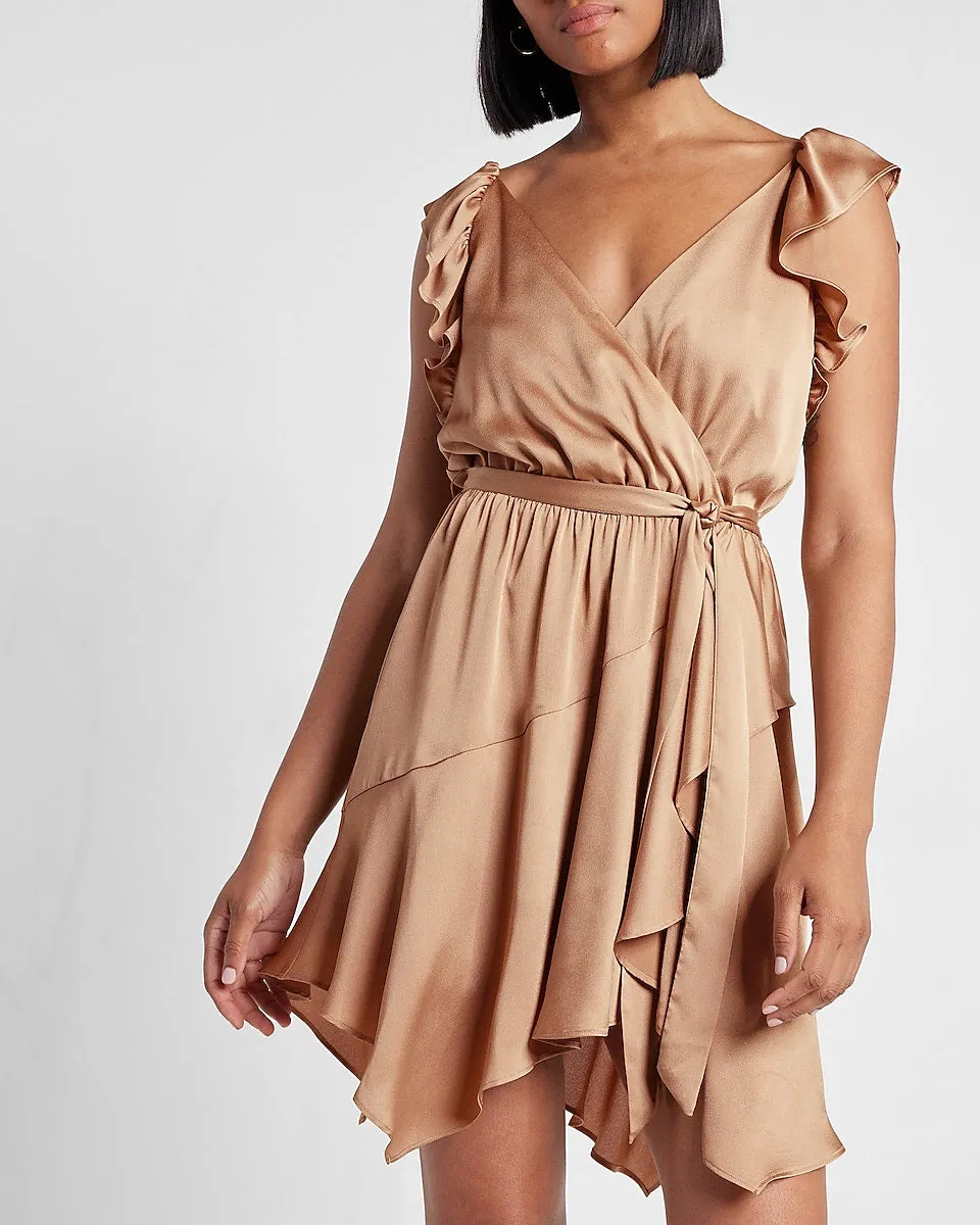 Satin Tie Waist Ruffle Dress in Pecan