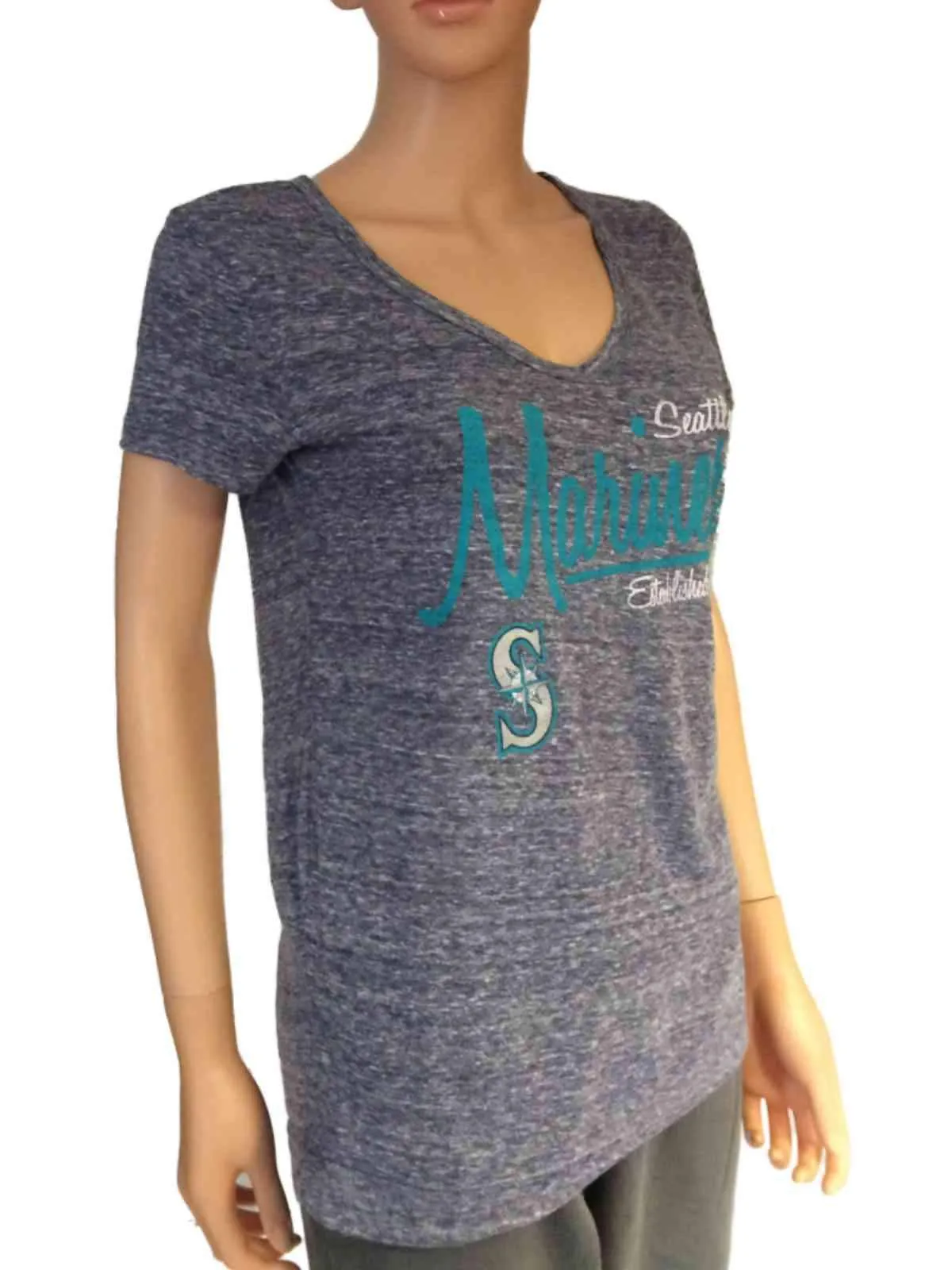 Seattle Mariners SAAG Women Navy Loose Soft Baseball V-Neck T-Shirt