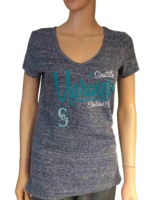 Seattle Mariners SAAG Women Navy Loose Soft Baseball V-Neck T-Shirt