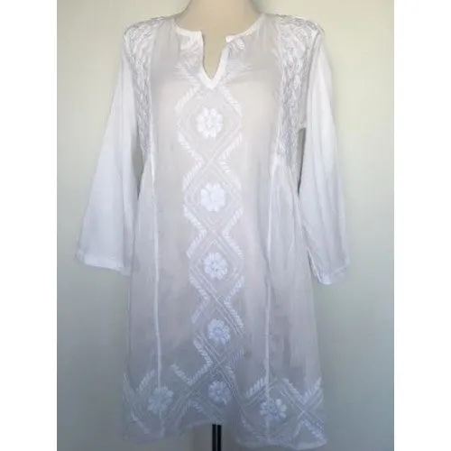 Semi-Sheer Hand Embroidered White Tunic Top