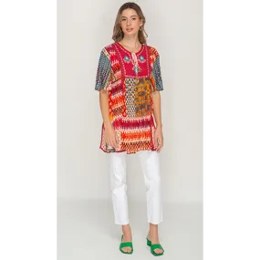 Short Sleeve Multicolor Printed Tunic Dress For Women