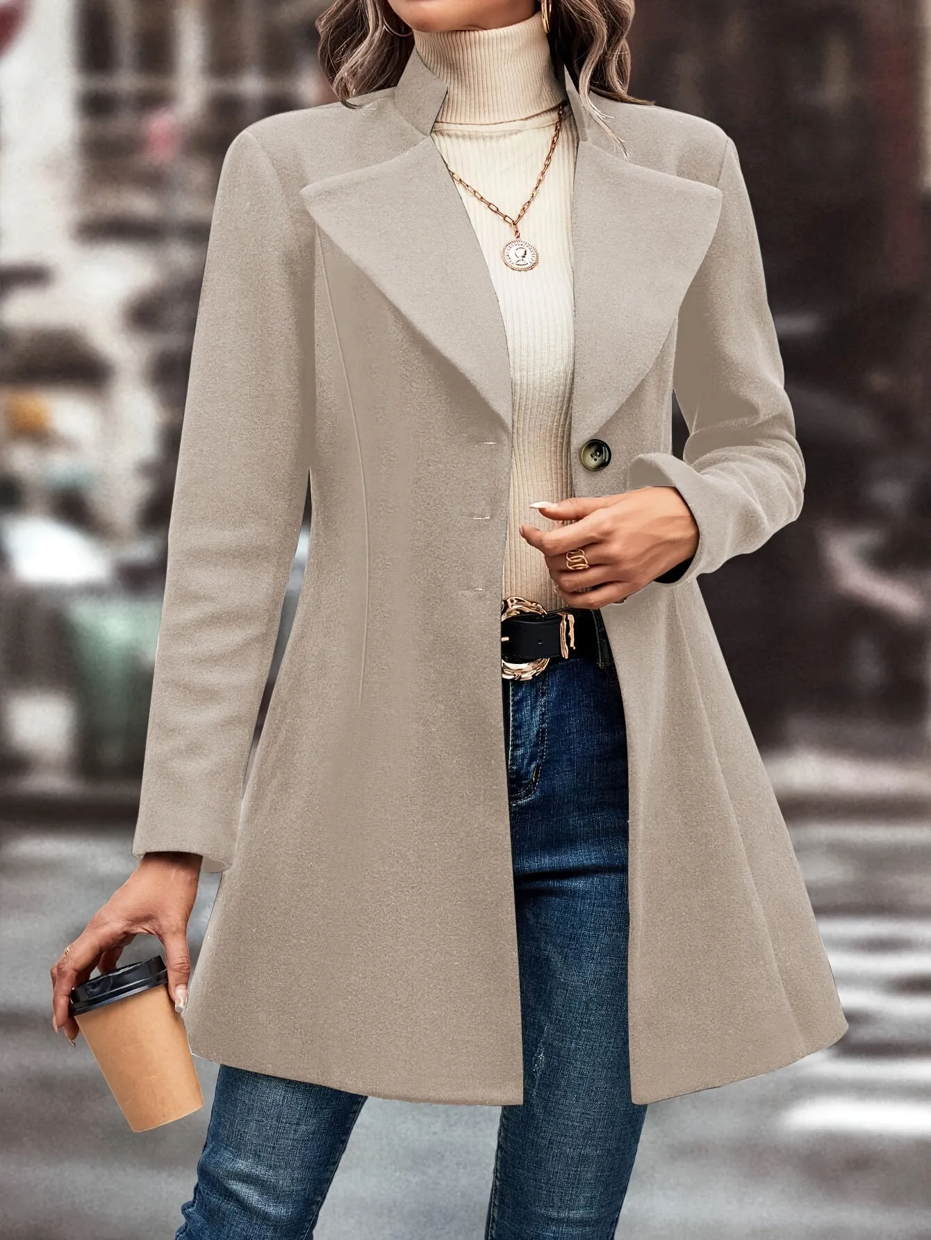 Single Solid Button Long Sleeve Versatile Winter Outwear Overcoat, Women's Clothing