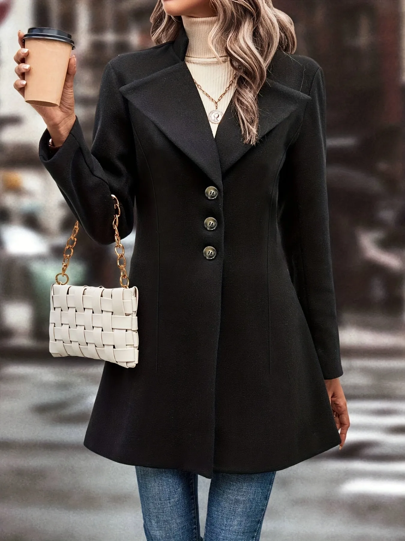 Single Solid Button Long Sleeve Versatile Winter Outwear Overcoat, Women's Clothing