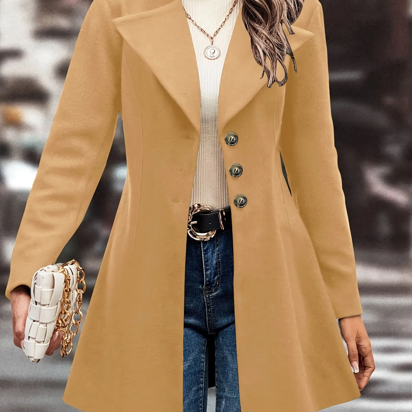 Single Solid Button Long Sleeve Versatile Winter Outwear Overcoat, Women's Clothing