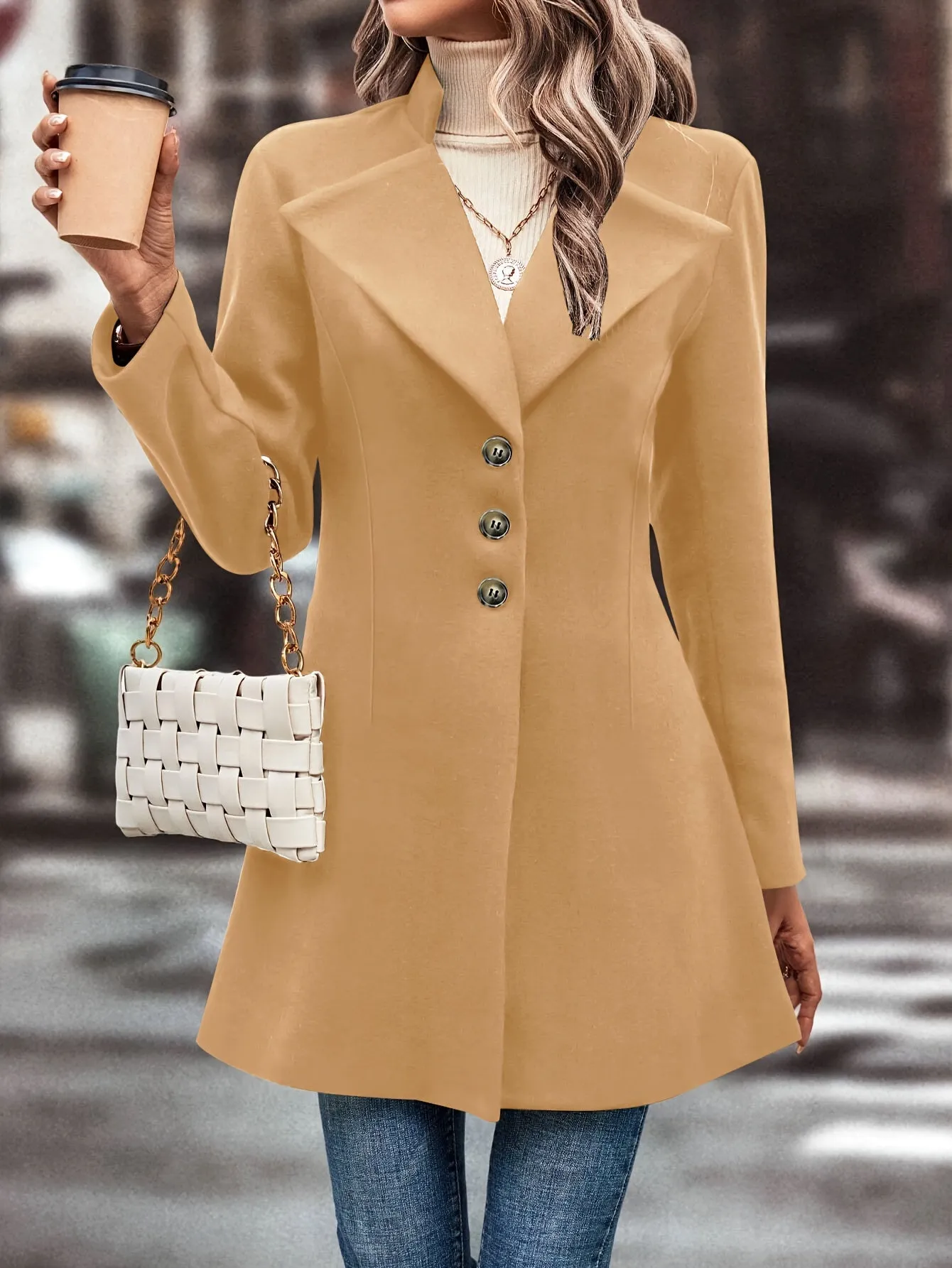 Single Solid Button Long Sleeve Versatile Winter Outwear Overcoat, Women's Clothing