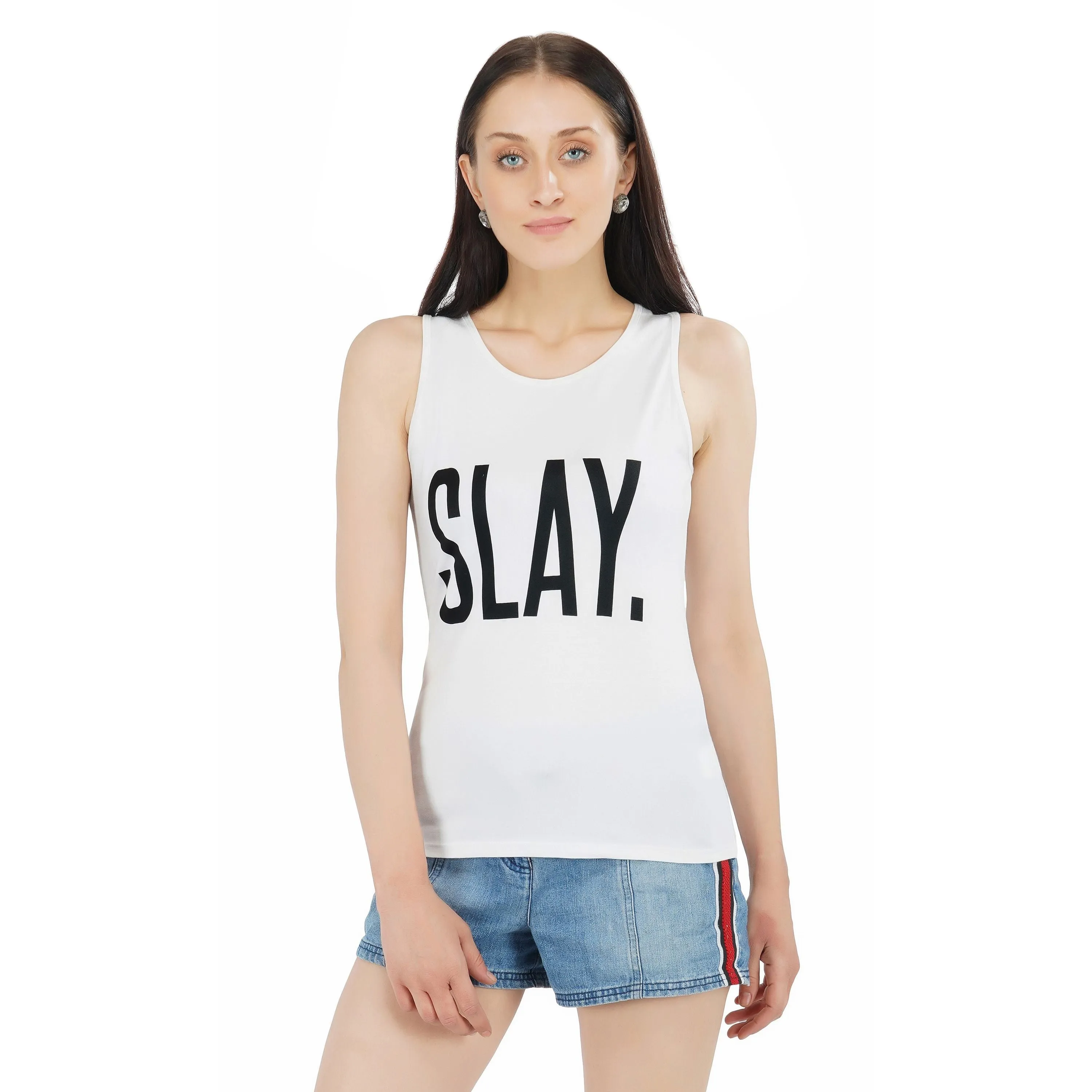 SLAY. Women's White Printed Tank Top