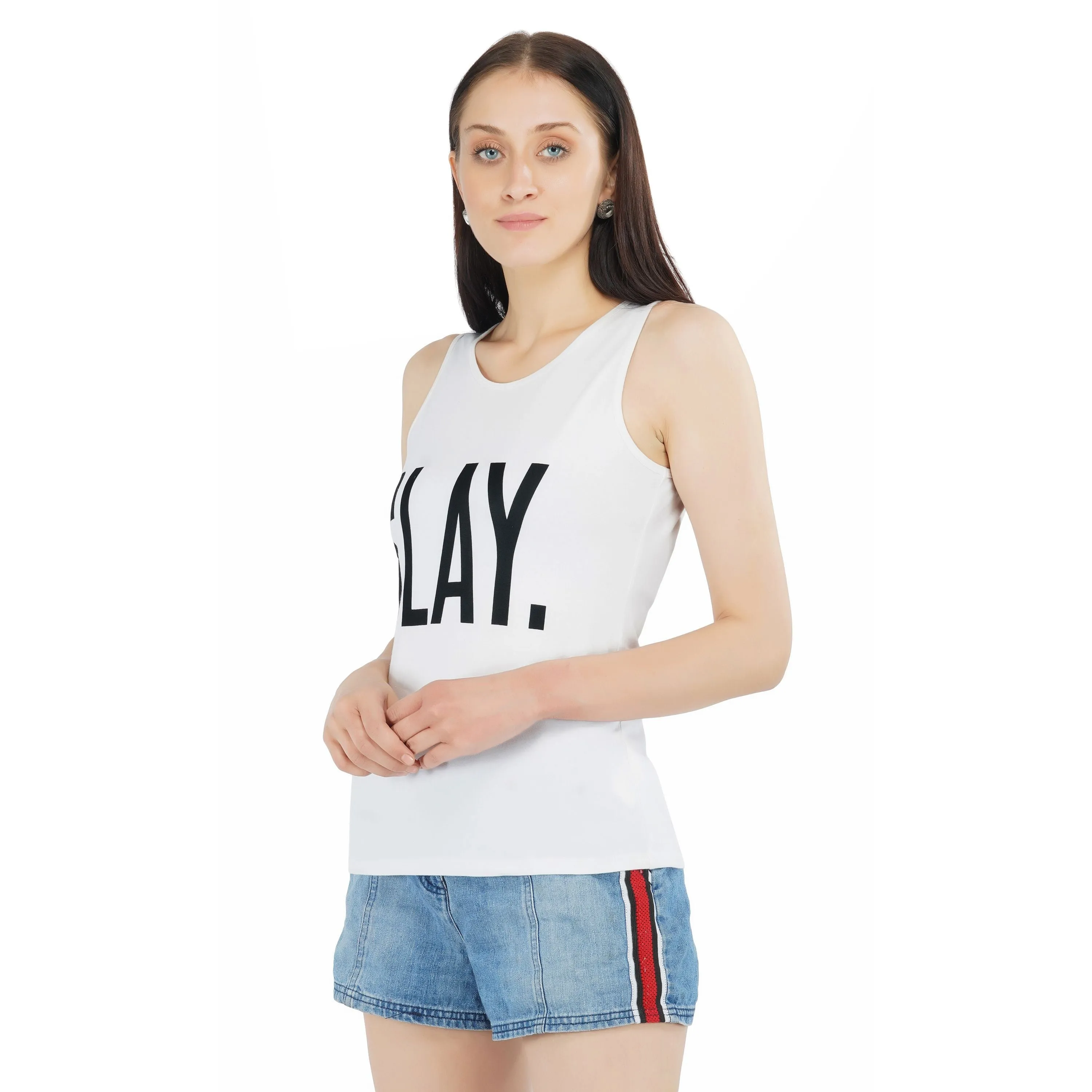 SLAY. Women's White Printed Tank Top