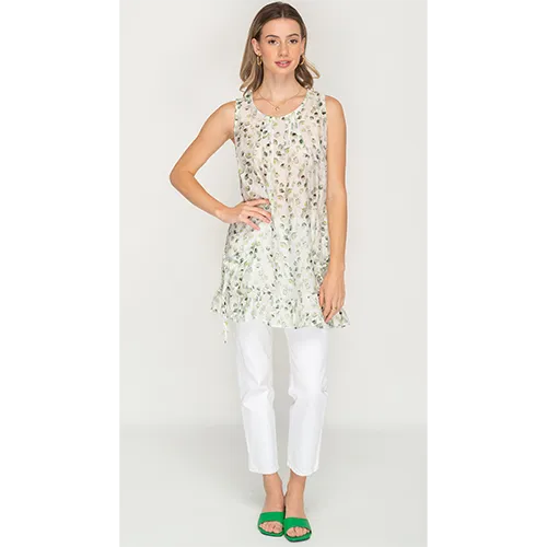 Sleeveless Round Neck Green Printed Tunic For Womens