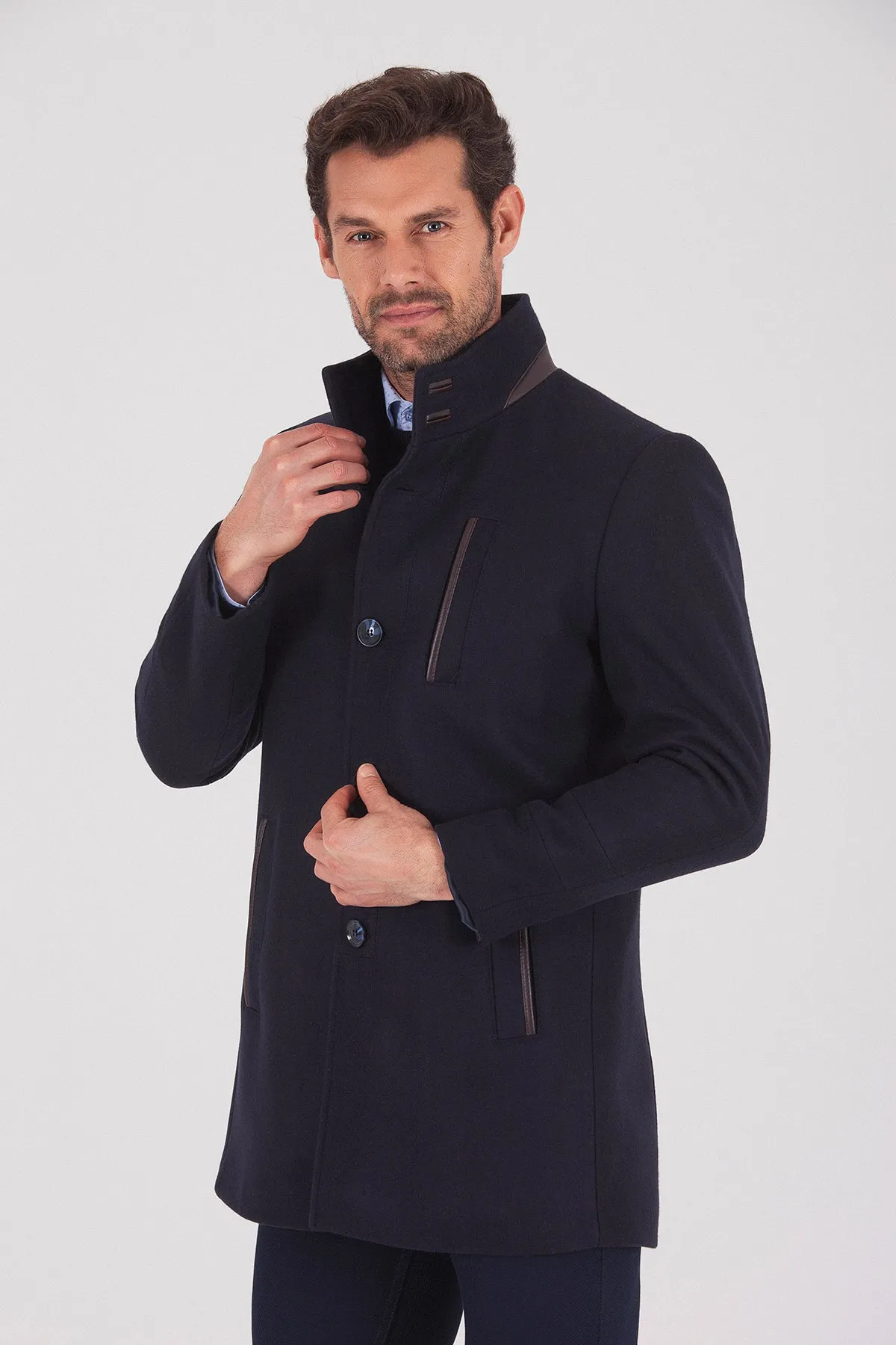 Slim Fit Notch Lapel Wool Navy Overcoat, Light Navy