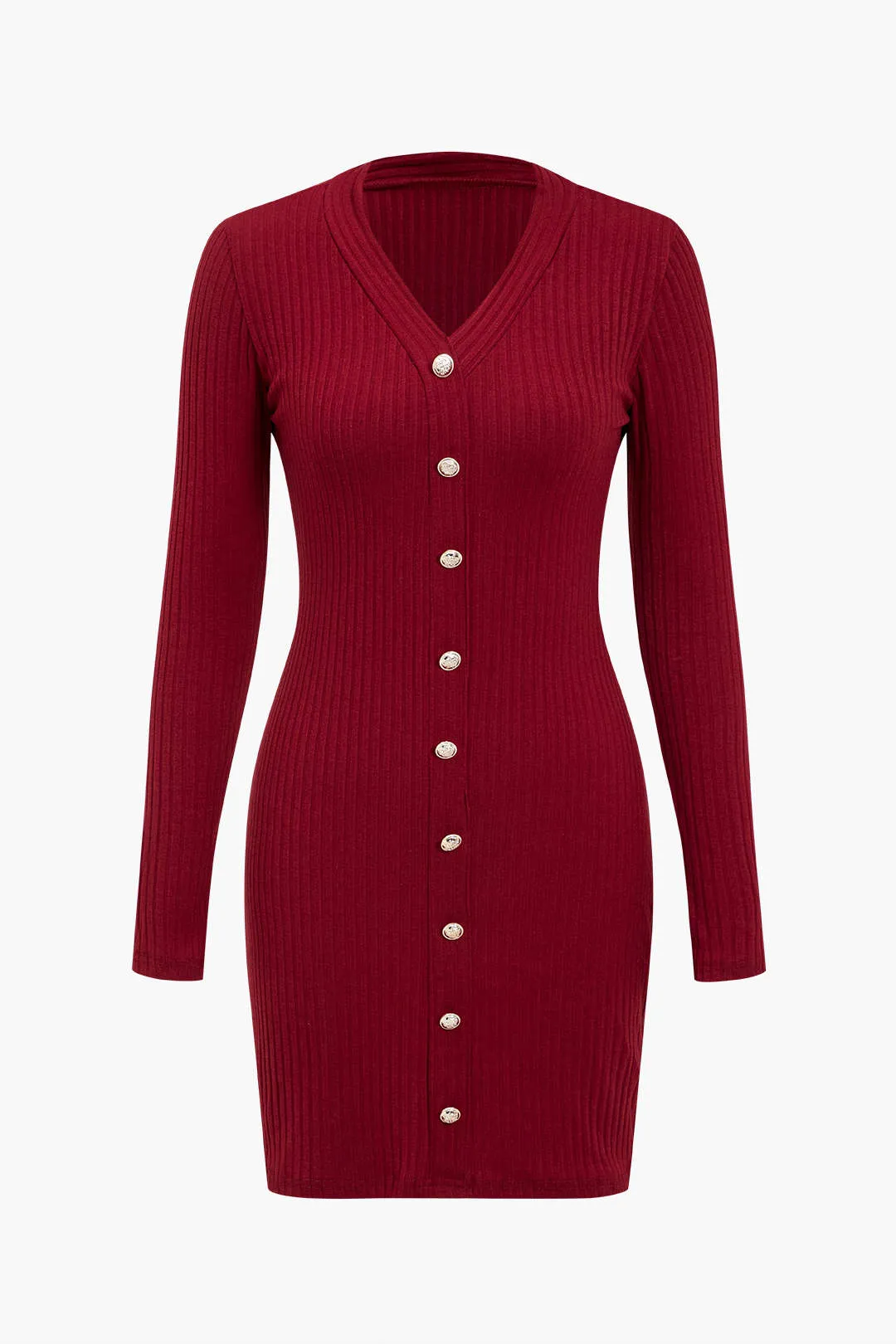 Solid Knit Button Long-Sleeve Dress