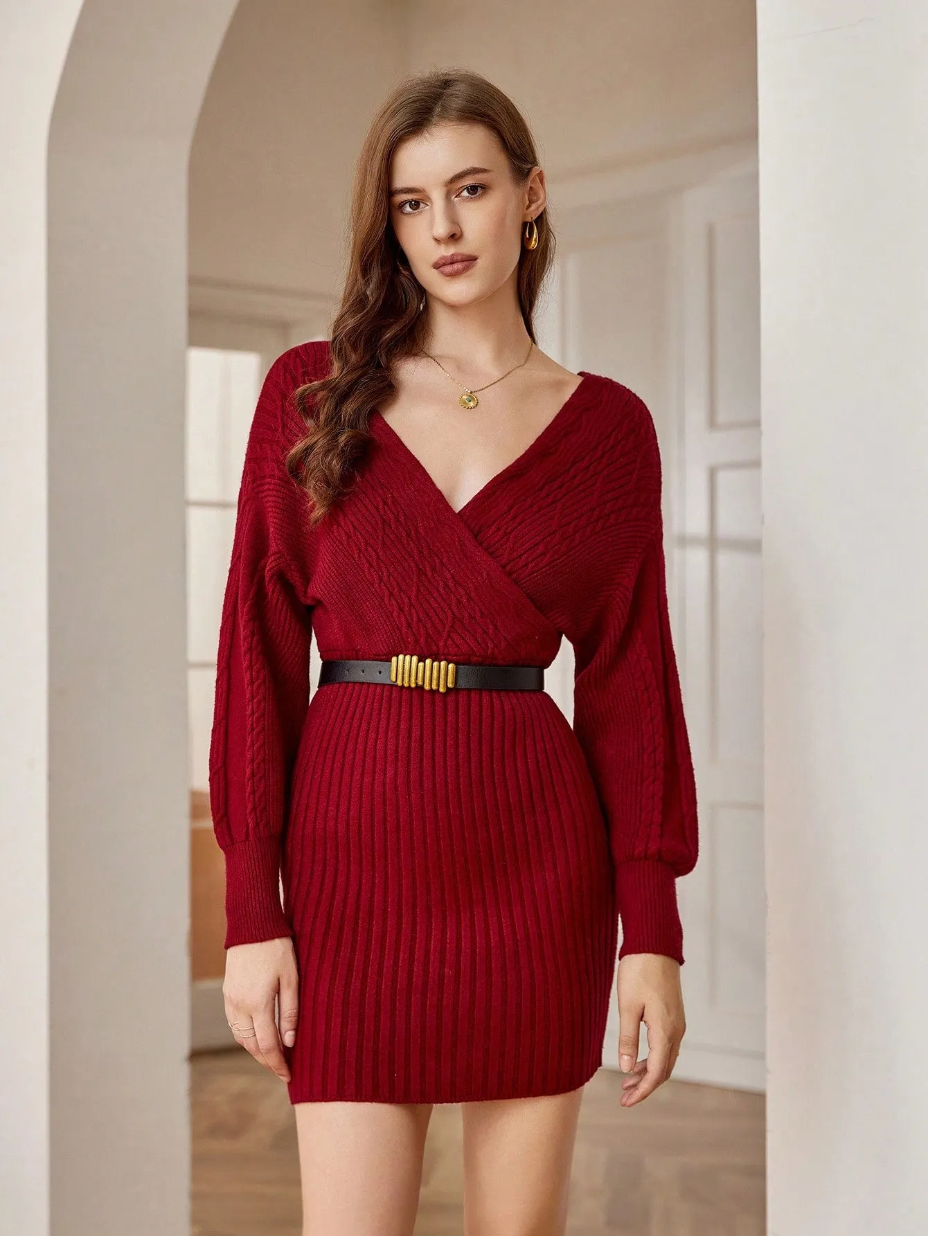 Solid Wrap Detail Ribbed Knit Sweater Dress Without Belt