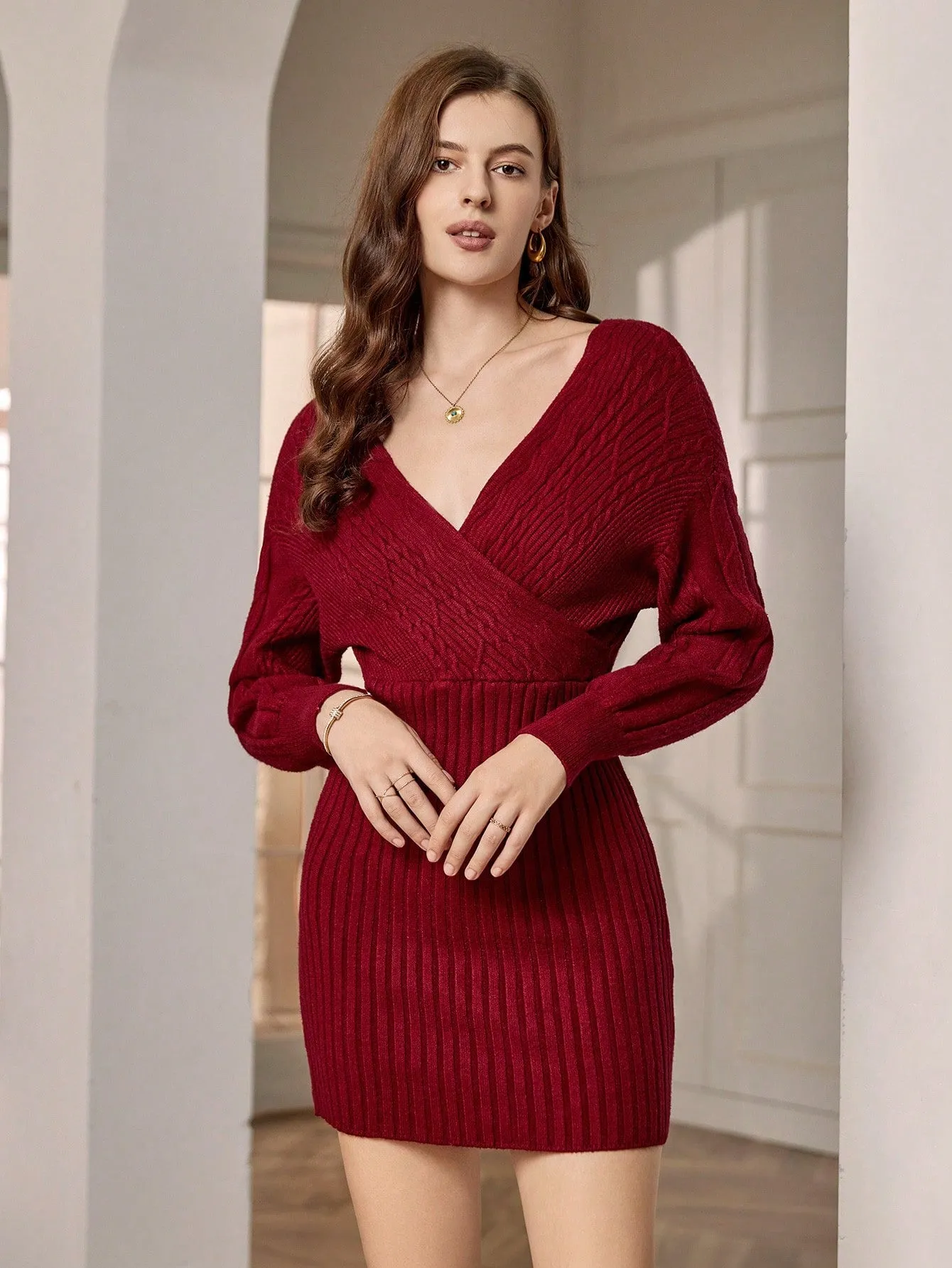 Solid Wrap Detail Ribbed Knit Sweater Dress Without Belt