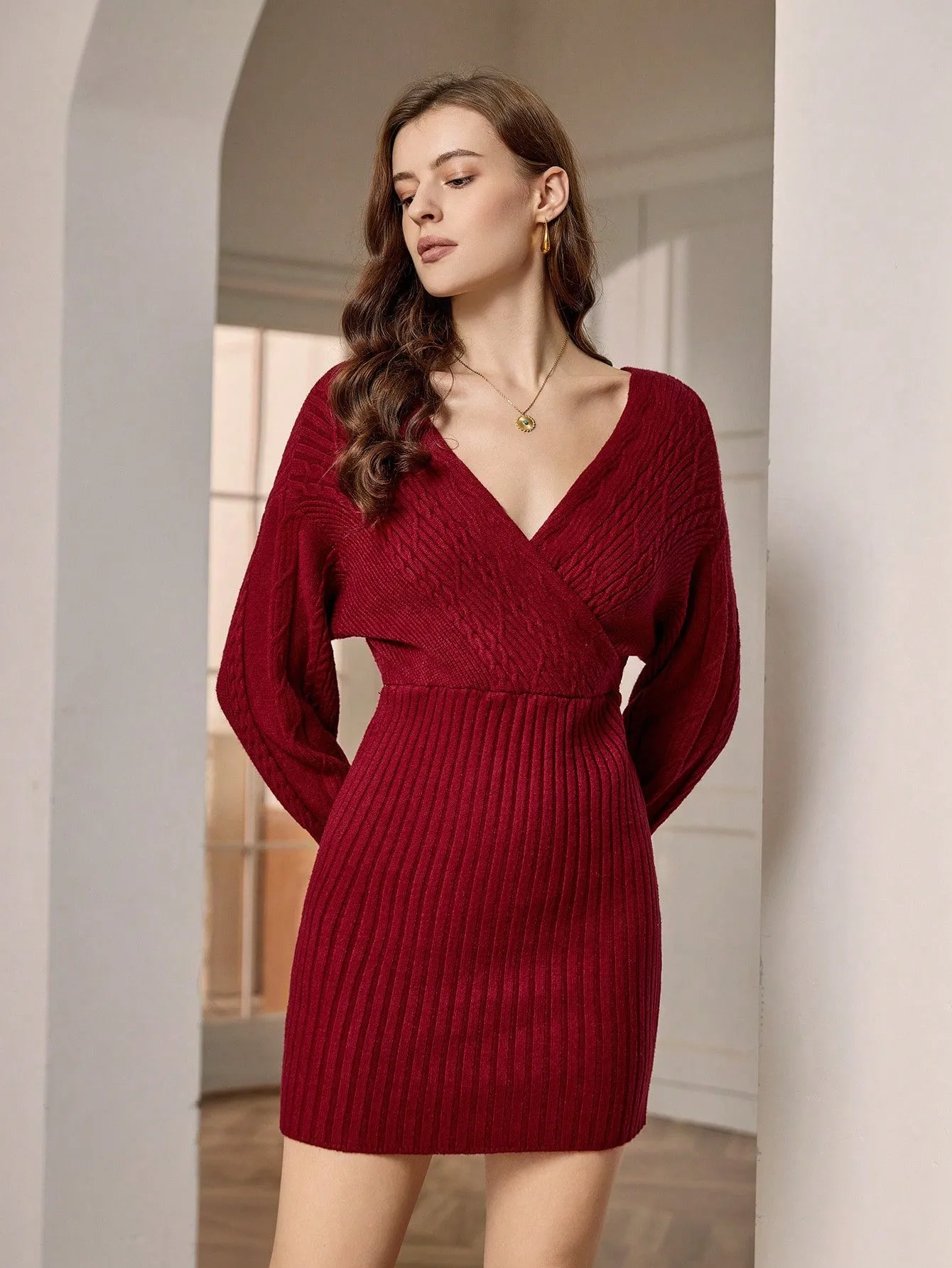 Solid Wrap Detail Ribbed Knit Sweater Dress Without Belt