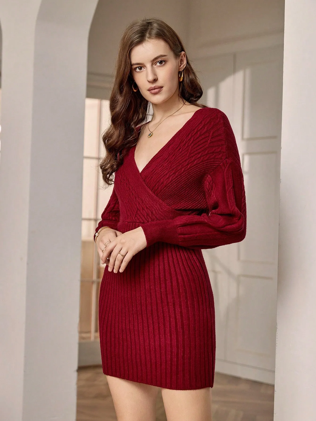 Solid Wrap Detail Ribbed Knit Sweater Dress Without Belt