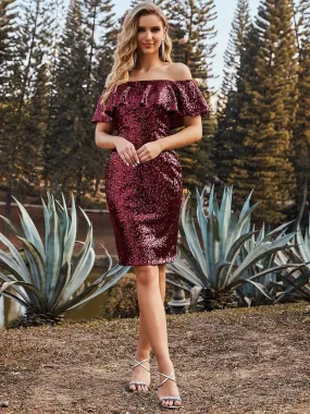 Sparkling Off the Shoulder Sequin Above Knee Evening Dress