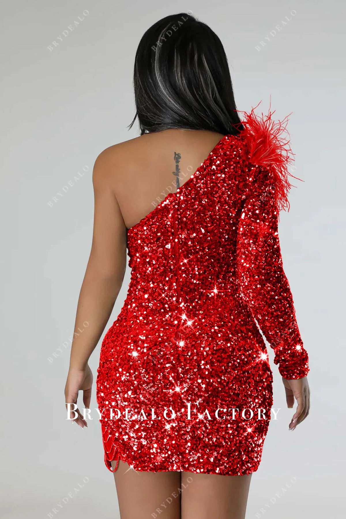 Sparkly Red Sequin One Sleeve Slit Mini Bodycon Dress