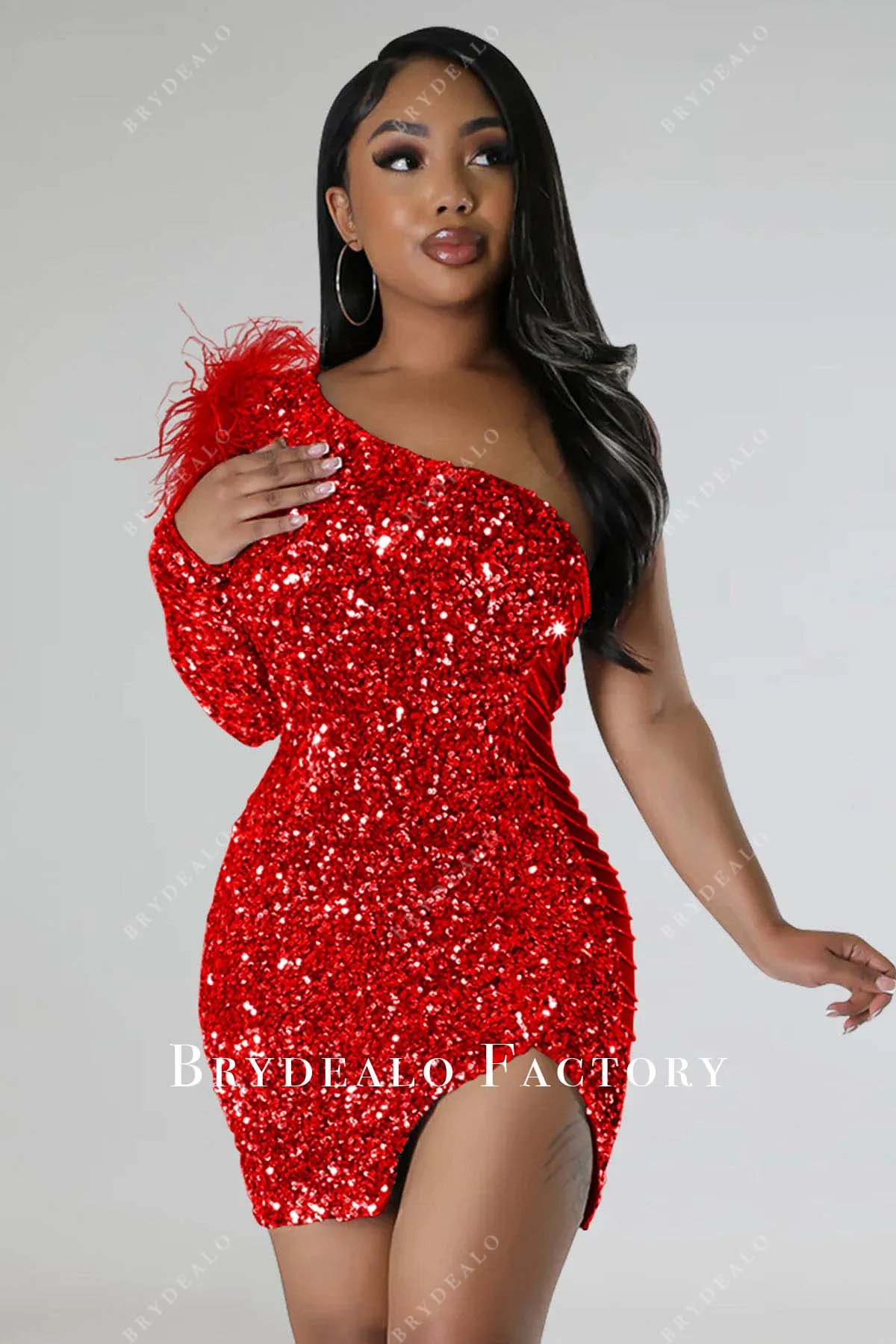 Sparkly Red Sequin One Sleeve Slit Mini Bodycon Dress