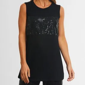 Splicing Sequined O-Neck Black Tank