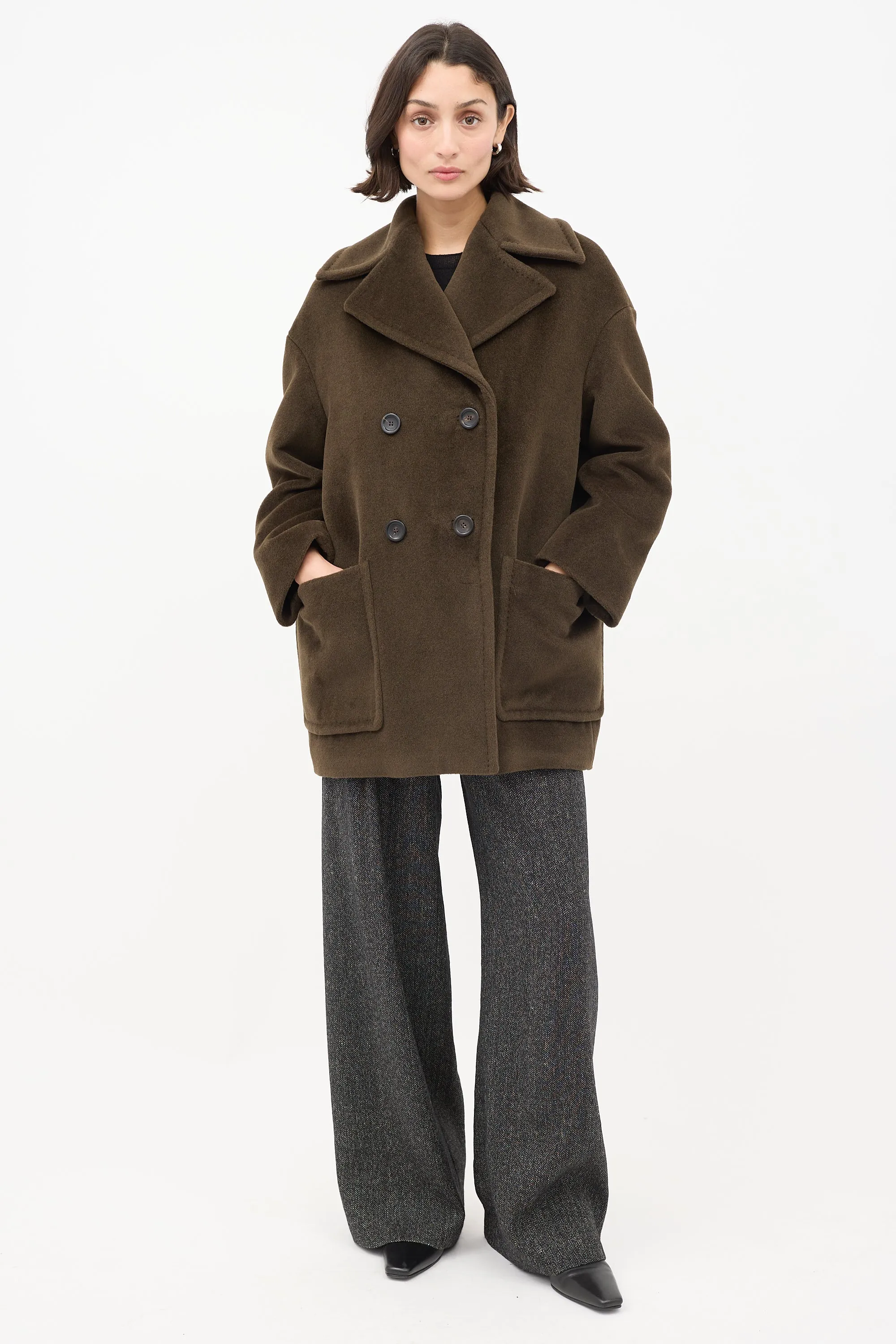 Studio Brown Wool Double Breasted Mid Length Coat