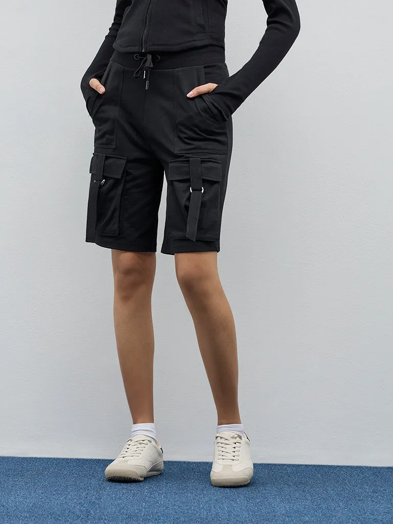 Studiofit Black Cargo-Style High-Rise Cotton Shorts