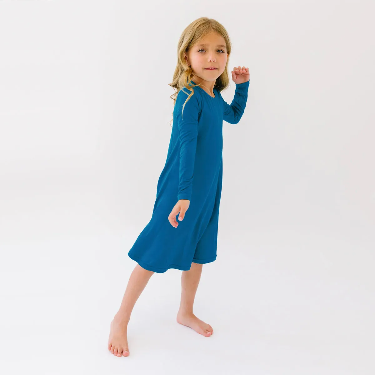 Teal Blue Bamboo Girls' Long Sleeve Dress