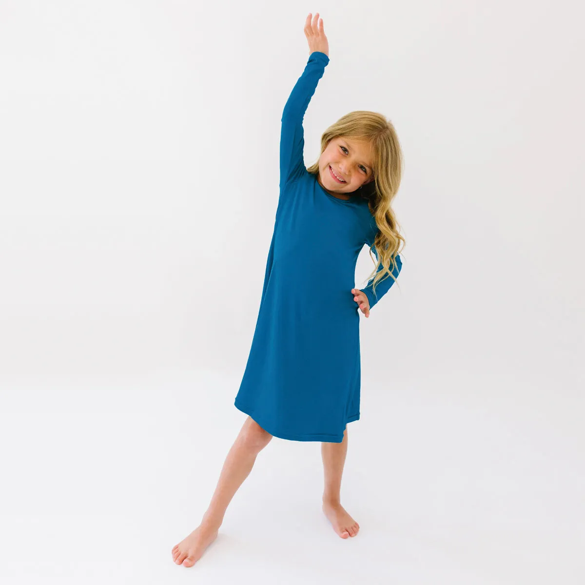 Teal Blue Bamboo Girls' Long Sleeve Dress