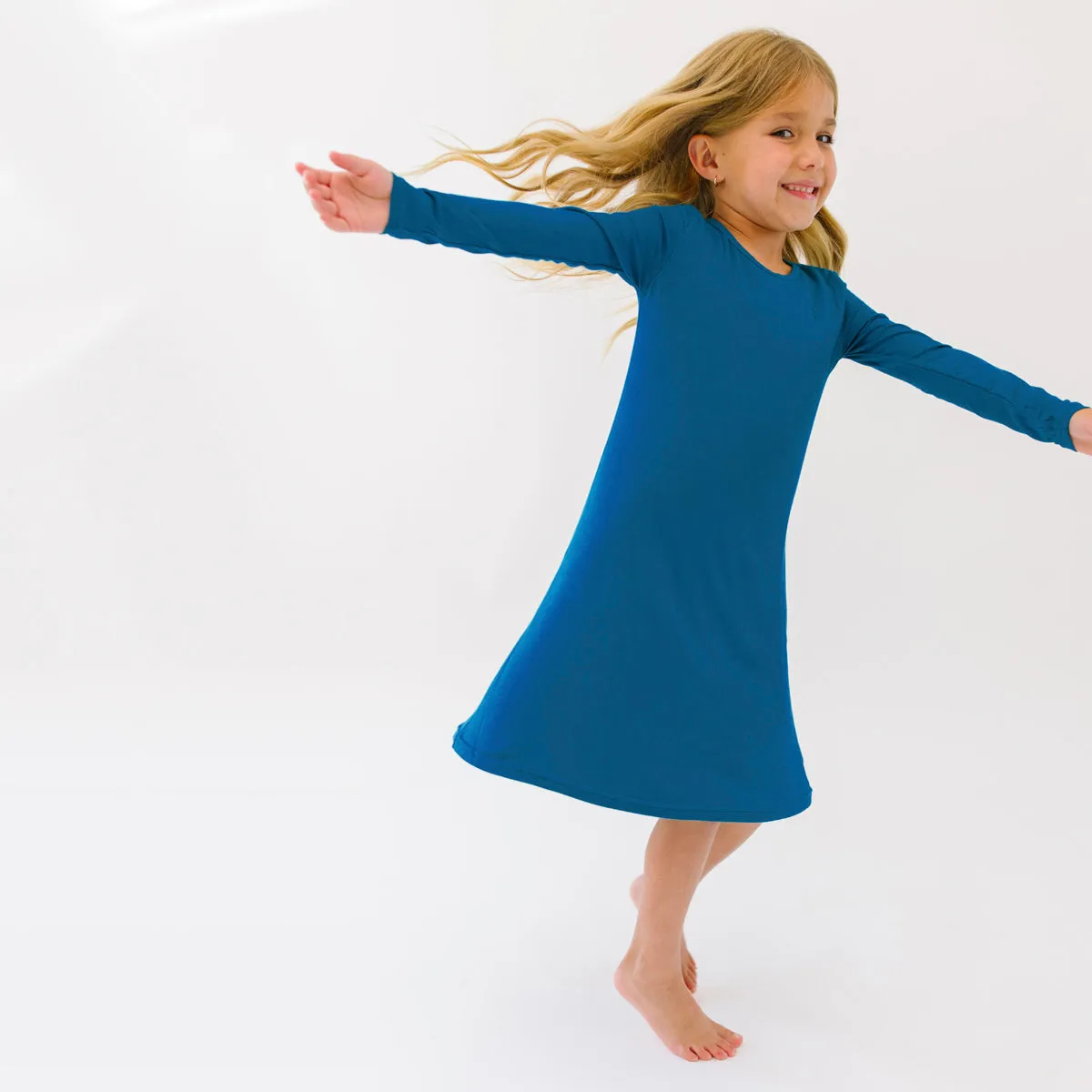 Teal Blue Bamboo Girls' Long Sleeve Dress