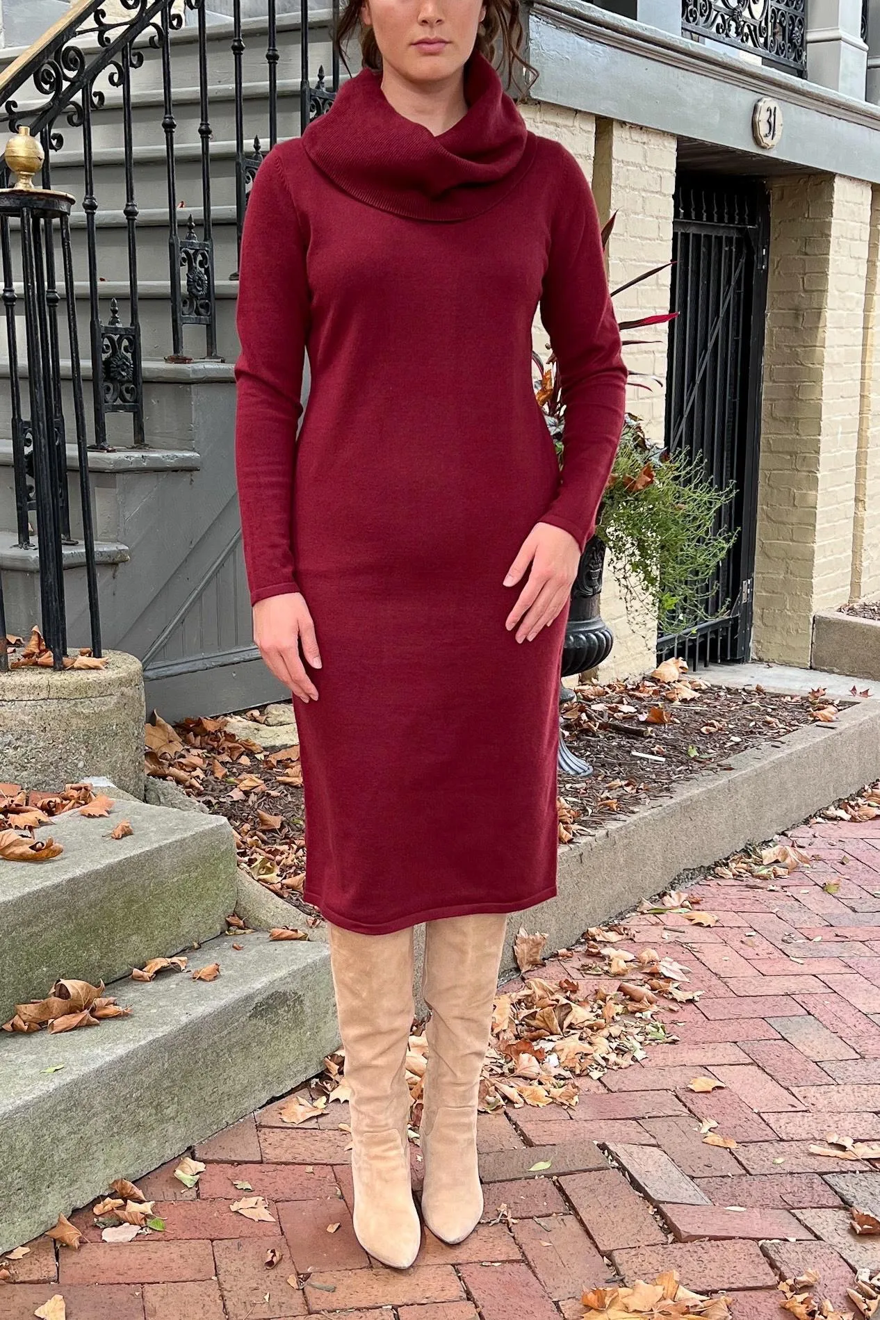 THE EMERY COWL NECK SWEATER DRESS IN BURGUNDY (FINAL SALE)