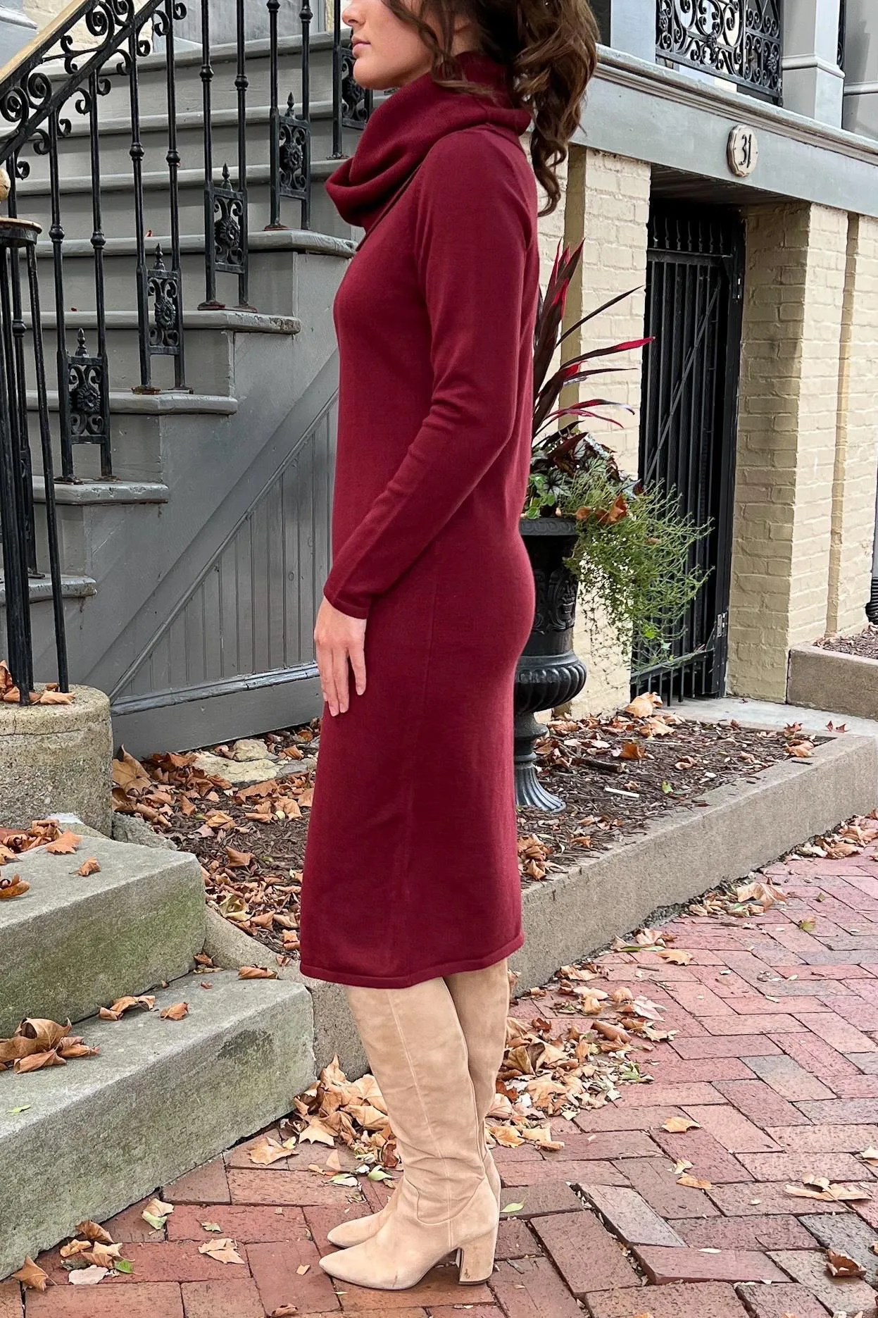 THE EMERY COWL NECK SWEATER DRESS IN BURGUNDY