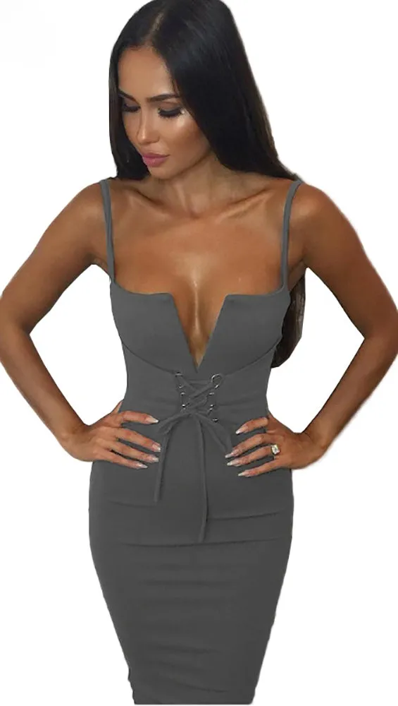 The Victoria Deep V Lace Up Corset Belt Midi Dress Grey