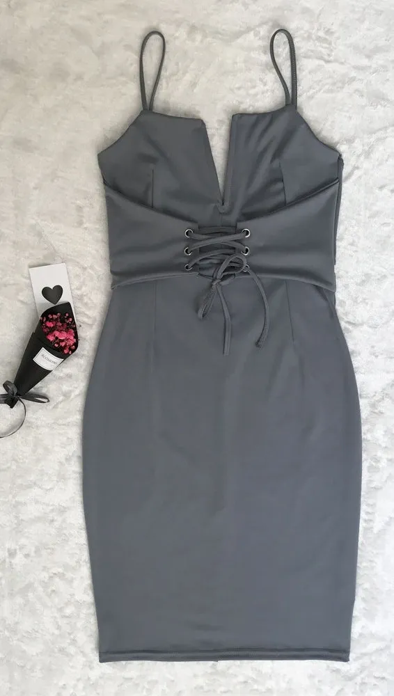 The Victoria Deep V Lace Up Corset Belt Midi Dress Grey