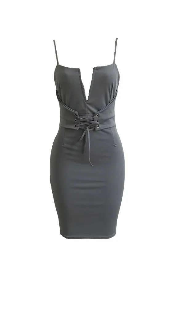 The Victoria Deep V Lace Up Corset Belt Midi Dress Grey