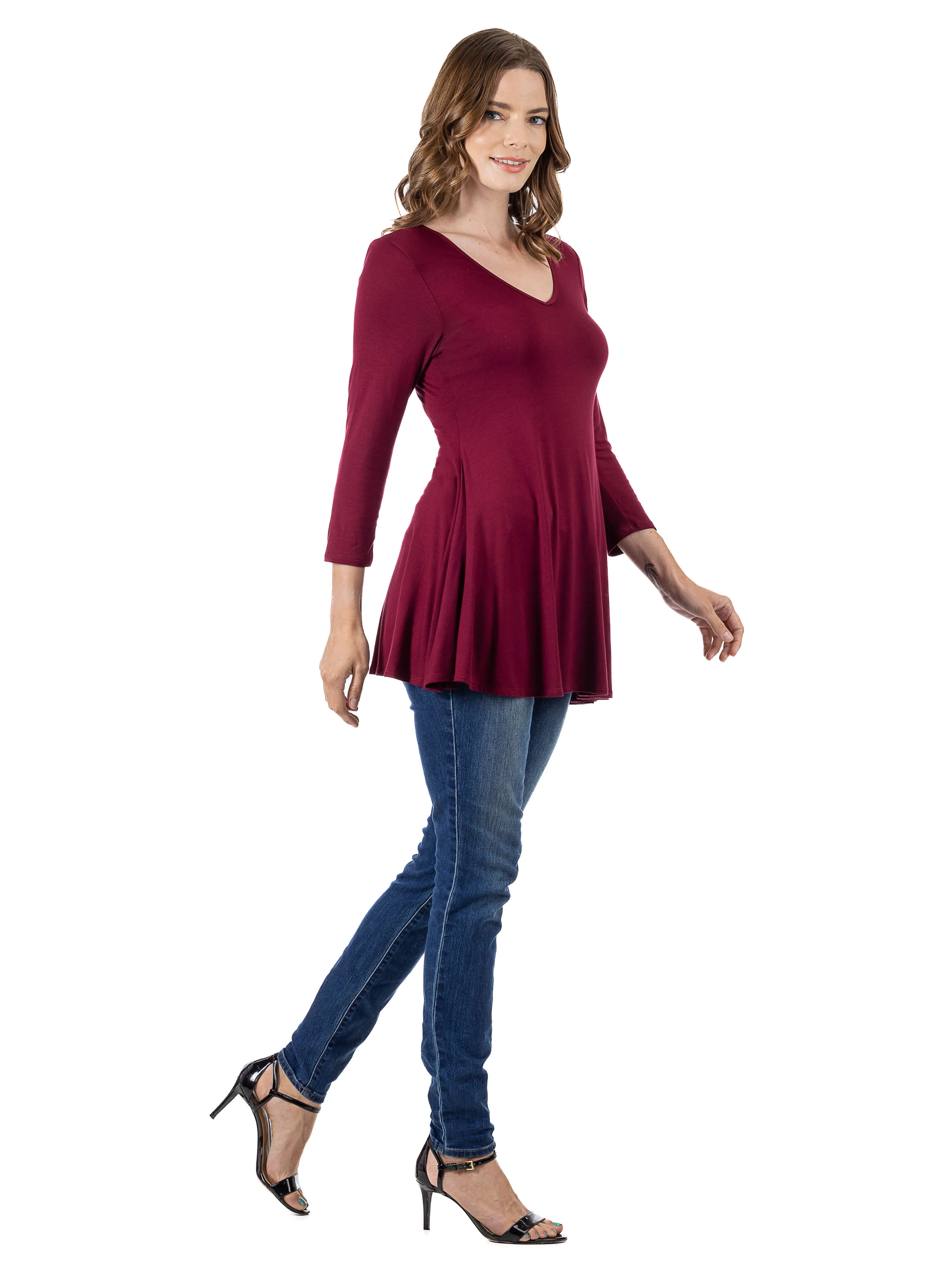 V-Neck Loose Fit Three Quarter Sleeve Tunic Top For Women