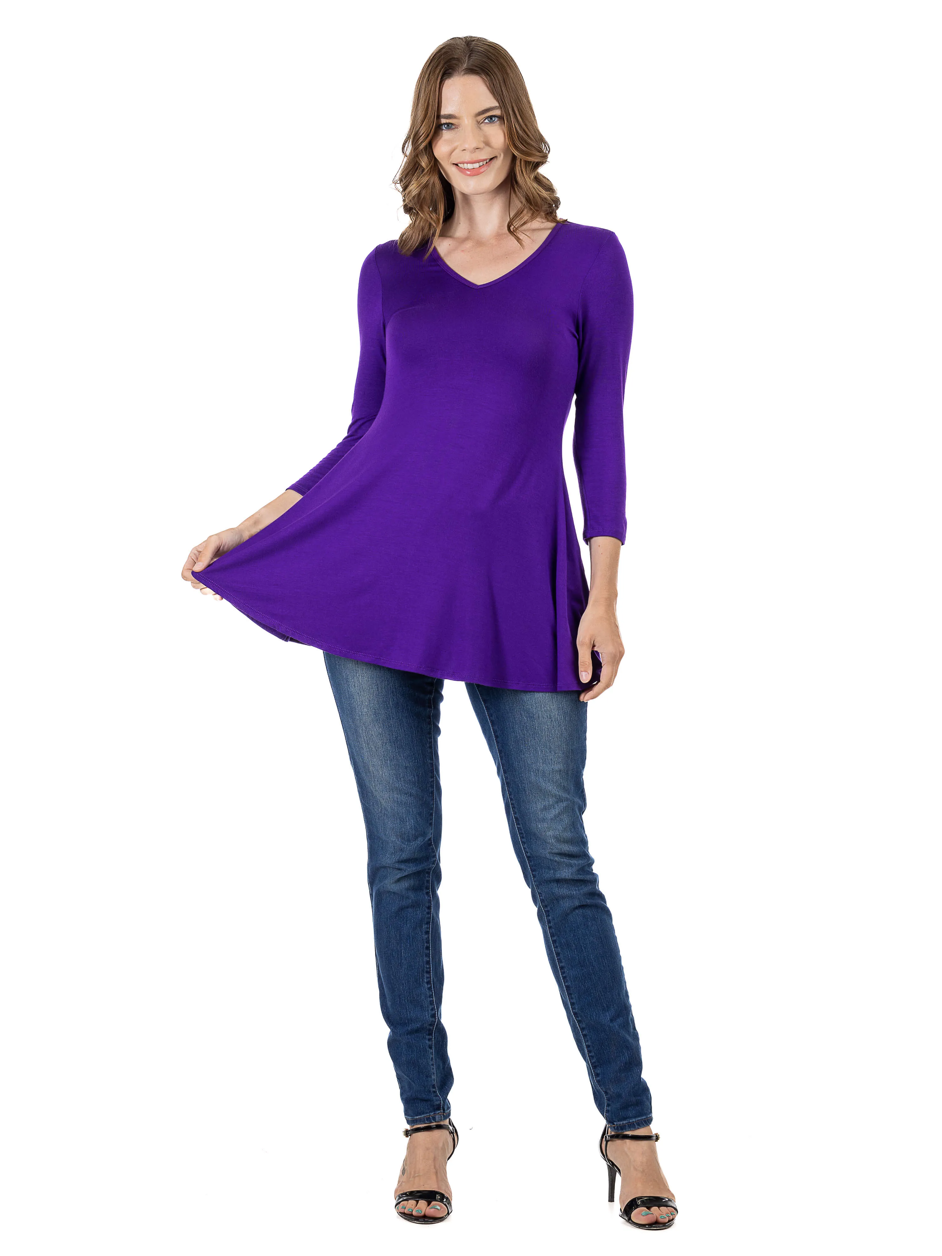 V-Neck Loose Fit Three Quarter Sleeve Tunic Top For Women